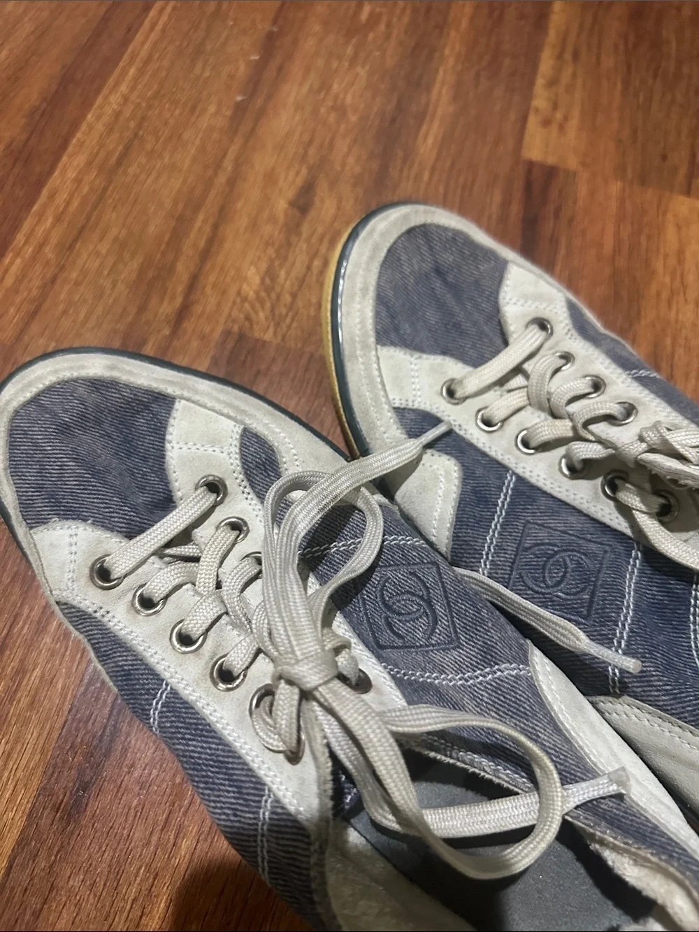 Chanel women’s shoes- Denim-Look Lace-Up Sneakers - Blue and white